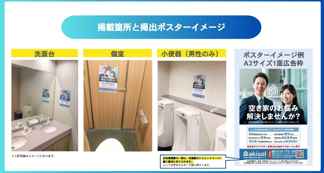 トイレットペーパーの費用負担を軽減する「自治体特化型トイレ広告サービス」
